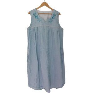 Womens Seersucker Nightgown‎ Sleeveless Teal White Striped Snap Front Sz XL